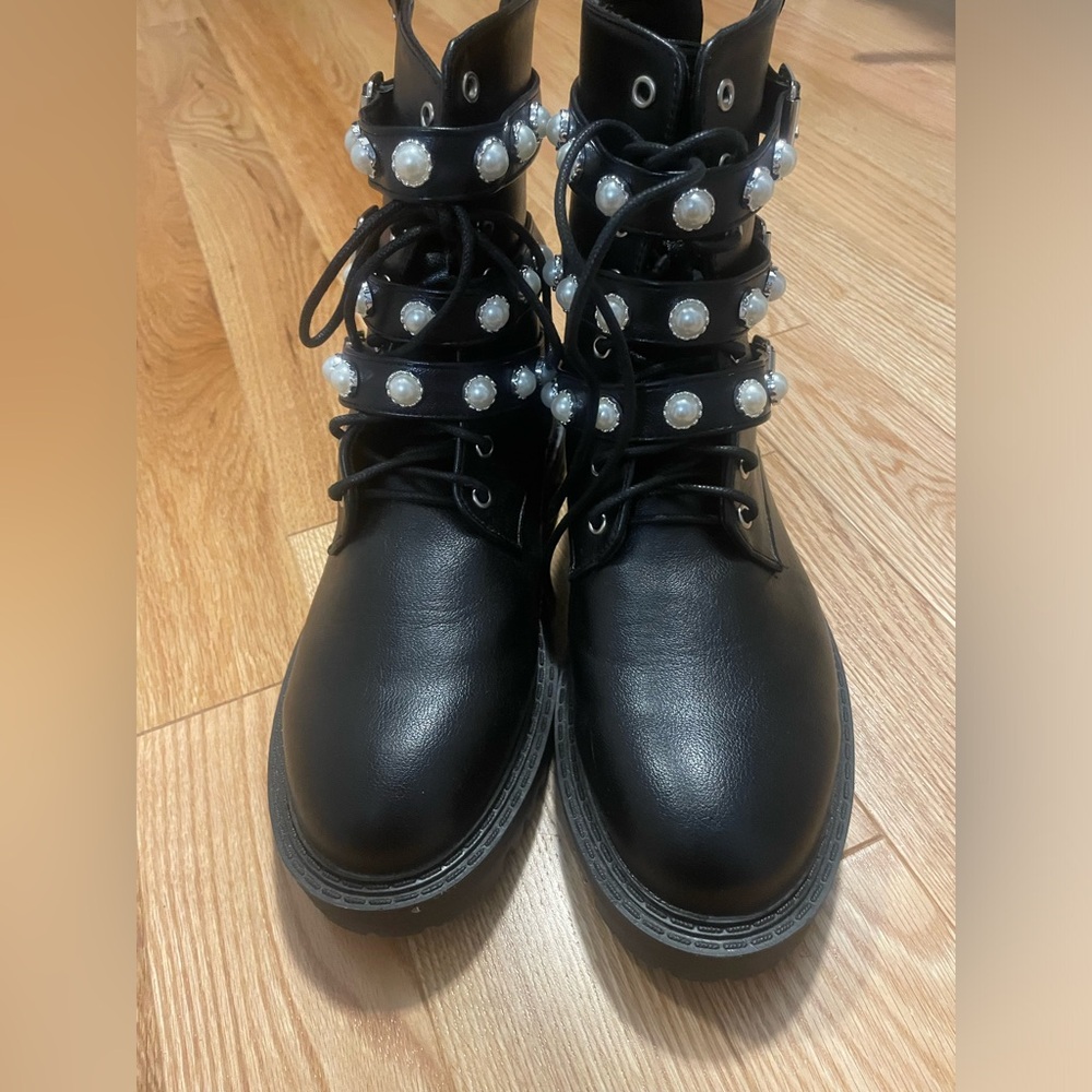 SHEIN moto boots with straps and pearl accents - like new!